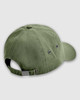 An olive green baseball cap with a strap at the back and ventilation holes. It has a logo on the front.