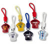 A collection of seven bag charms in various colours, resembling football jerseys featuring player numbers and names.