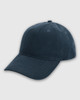 A navy blue dad cap featuring a curved brim, six-panel design, and an adjustable back. It has a logo on it.