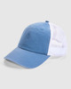 A washed blue trucker cap featuring a front fabric panel and white mesh sides, with a curved peak and a logo.