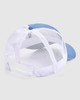 A blue and white trucker cap featuring a mesh back and an adjustable strap.