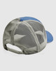 A blue and grey trucker cap featuring a mesh back and an adjustable strap. It includes a logo on the front.