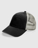 A black washed trucker cap with a mesh back and a logo on the front.