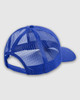 A structured trucker cap in bright blue with a mesh back and an adjustable strap, featuring a logo.