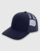 A navy blue structured trucker cap with a mesh back and a curved peak, featuring a logo on the front.
