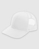 A white structured trucker cap with a solid front and mesh back panels. Features a logo on the front.