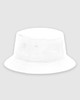 A white bucket hat with a wide brim and two ventilation eyelets. It features a logo on the side.