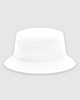A white bucket hat with a wide brim and a subtle logo on the side. Ideal for headwear categories.