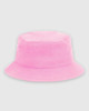 A pink bucket hat featuring a soft fabric and a logo. Ideal for headwear collection.