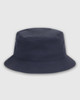 A navy blue bucket hat with a wide brim and a logo on the side. Suitable for youth headwear.