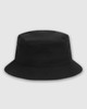 A black bucket hat featuring a wide brim and a logo on the side. Suitable for casual wear.