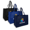 A set of three reusable grocery bags in black and navy blue, featuring a logo on the front.