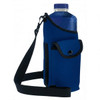 A drink bottle in a blue neoprene holder with a strap and a pocket. The holder features a logo.