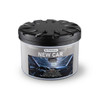 A black-lidded container of air freshener with a label featuring a car interior design.