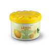 A cylindrical container of air freshener in yellow, with a lemon scent, featuring a logo and ingredients list.