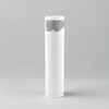 A white lip balm tube with a rounded cap, featuring ingredient information on the label.