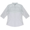 A light green and white striped button-up shirt with 3/4 sleeves and a collar. It features a logo on the design.