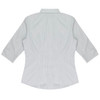 A light green and white striped button-up shirt with 3/4 sleeves and a collar, featuring a logo.