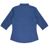 A blue button-up shirt with 3/4 sleeves, featuring a fitted design and a collar. Includes a logo.