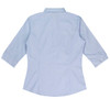 A light blue button-up shirt with 3/4 sleeves and a fitted silhouette, featuring a logo.