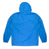 A blue jacket with a hood and elastic cuffs, featuring contrasting stitching and a logo.