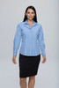 A button-up shirt featuring a blue and white checkered pattern, paired with a black skirt. Includes branding.