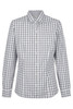 A long-sleeve, button-up shirt featuring a grey and white checkered pattern with a collar and branding.