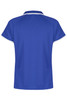 A blue polo shirt featuring a round collar and a simple design, with contrasting trim. It has a logo on the design.