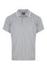 A grey men's polo shirt with white accents and a logo on the chest. Short sleeves and a collared neckline.