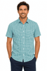 A short sleeve button-up shirt in a turquoise check pattern, featuring a logo and a relaxed fit.