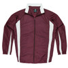 A maroon track top featuring white side panels and a zippered front, with a collar and full-length sleeves.