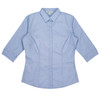 A light blue button-up shirt with three-quarter sleeves and a fitted design, featuring a collar and logo.