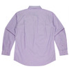 A long sleeve button-up shirt in light purple with a back pleat design. Features a logo on the fabric.