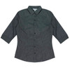 A button-up shirt in grey with a striped pattern and 3/4 sleeves. It features a collar and a logo.