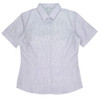 A short sleeve women's shirt featuring a white and navy striped pattern and a button-down collar. It includes a logo.