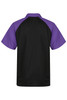 A black polo shirt with purple sleeves, featuring a logo on the back.