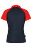 A polo shirt featuring a navy main body with red sleeves, complete with a collar and a branding logo on the side.