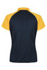 A navy and yellow polo shirt featuring a collar and short sleeves, with a logo present on the garment.