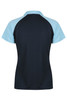 A navy and light blue polo shirt featuring a contrasting design and a logo on the back.
