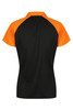 A polo shirt featuring a black body with orange sleeves and a logo on the back.