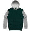 A green and grey hoodie with a kangaroo pocket and a hood. The design features contrasting sleeves and a logo.