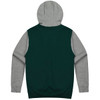 A hooded jumper featuring a green body and grey sleeves, with a double-lined hood and a logo.