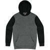 A grey and black hoodie featuring a front pocket and a hood, with a branding logo on the inside.