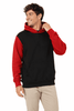 A black and red hoodie with a front pocket and a drawstring hood, featuring a logo on the chest.
