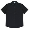 A black short sleeve button-up shirt with a chest pocket and a logo.