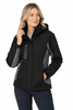 A black and grey women's jacket with a hood and zip pockets, featuring a logo.