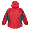 A red and grey jacket with a hood, featuring side panels and elastic cuffs. The back view is prominently displayed.