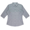A button-up shirt featuring a grey and white check pattern with 3/4 sleeves and a collar. It has a logo on the label.