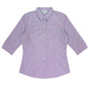 A button-up shirt with 3/4 sleeves in a purple gingham pattern featuring a collar and logo.