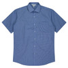 A short-sleeve, button-up shirt in blue gingham pattern with a chest pocket and a logo.